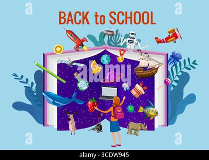 Zurück in die Schule, steht das Schülermädchen vor einem offenen Buch des Wissens Stock Vektor