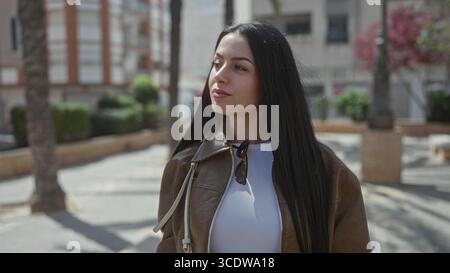 Junge hispanische Frau in brauner Jacke, die draußen auf der sonnigen Stadtstraße steht und Selbstvertrauen und Stil ausstrahlt, während sie ihr Haar anpasst. Stockfoto