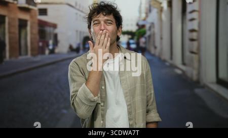 Ein hispanischer Mann, der auf einer charmanten Straße lächelt und einen Kuss bläst, zeigt einen lässigen und fröhlichen Moment im Freien und unterstreicht seinen schönen Stil in einem urba Stockfoto