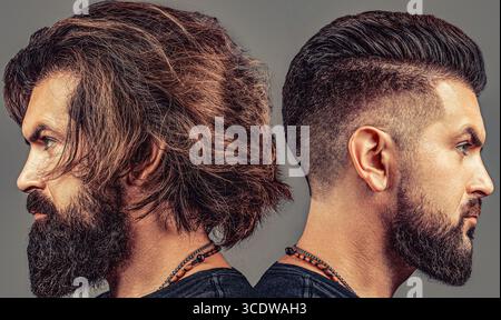 Bärtiges Männerset. Langer Bart. Friseurfriseur. Friseurladen-Set. College of Mans Gesichtsporträt. Schöner Mann nach oder vor der Rasur auf Grau Stockfoto
