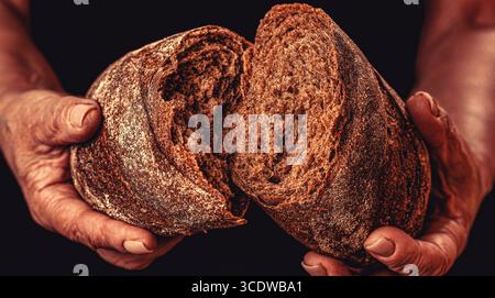 Männliche Hände brechen frisch gebackenes Brot. Die Hände brechen in halb frisch gebackenem Brotbrot. Frauenhände brechen frisch gebackenes Brot, Nahaufnahme Stockfoto