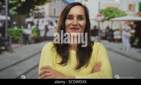 Die junge hispanische Frau kreuzt die Arme mit einem leichten Lächeln und geschlossenen Augen auf der sonnenbeschienenen Straße; leugnet die Ablehnung. Stockfoto