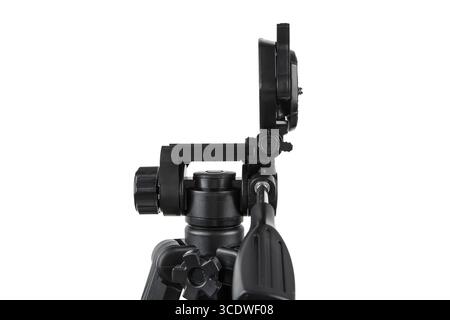 Nahaufnahme eines schwarzen Stativkopfes mit Schnellwechselplatte. Stockfoto