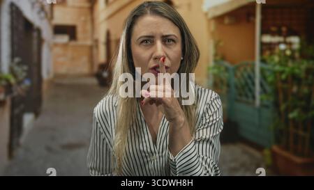 Blonde Frau mit gestreifter Bluse Finger zu Lippen Geste auf der Straße mit orangefarbenen Wänden und Topfpflanzen; Schweigen Sie Geheimnisse. Stockfoto