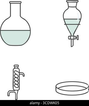 Detaillierte Strichzeichnungen spezieller Laborgeräte einschließlich Rundkolben, Trenntrichter, Spiralkondensator und Stützelement Stock Vektor