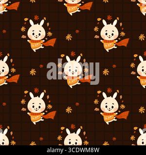 Nahtloses Muster mit niedlichem Happy Autumn Bunny mit Herbstblättern auf braunem kariertem Hintergrund. Lustige Zeichentricktier-Figur. Vektorabbildung. Kind Stock Vektor