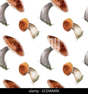 Aquarellmuster von essbaren Waldpilzen wie cep, Stachelschweine und Aspen Bolete isoliert auf weiß. Wiederkehrende Designs für den Herbst. Botanik Stockfoto