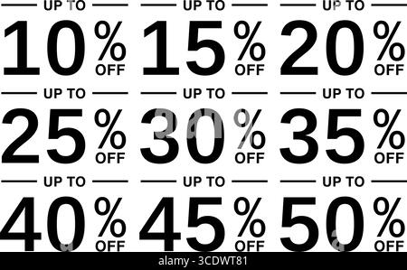 Set aus monochromen Vektor-Rabattabzeichen mit bis zu 50 % Rabatt auf Etiketten, ideal für minimalistische E-Commerce-Verkäufe, Werbeaktionen und Marketing-Banner Stock Vektor