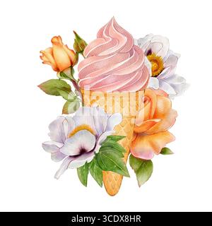 Rosa Eiskegel Aquarellillustration umgeben von blühenden orangen Rosen und weißen Blumen mit grünen Blättern. Isoliert auf weißem Hintergrund. Gre Stockfoto