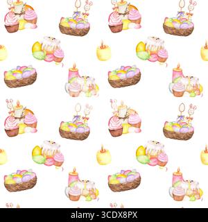 Nahtloses Muster mit Eierkorb in Aquarellfarben, Eiskuchen, Osterhase und Cupcakes. Rosafarbene Kerze. Frohe Ostern Clipart. Handgezeichnete Abbildung für wra Stockfoto