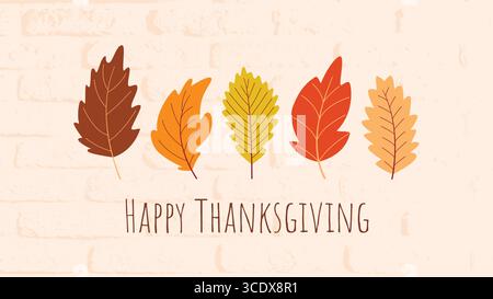 Happy Thanksgiving Poster. Ziegelsteinvorlage mit bunten fallenden Blättern und Glückwunschtext. Vektorgrafik, Flyer für saisonale Feiertage, Postkarte Stock Vektor