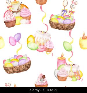 Aquarellgrün, gelb, rosa Eier im Korb, Eiskuchen und Cupcakes mit rosa Creme im nahtlosen Muster. Frohe Ostern Clipart. Handgezeichnete Illustrationen Stockfoto