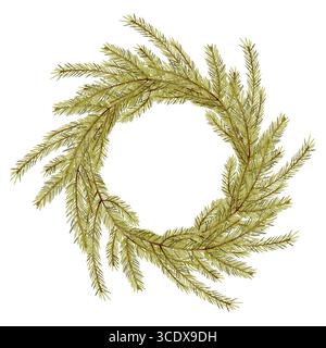 Handgezeichnete Aquarellillustration eines Weihnachtskranzes aus Kiefernzweigen auf weißem Hintergrund. Geeignet für Weihnachtskarten, Einladungen, festliche Dekoration, Packung Stockfoto