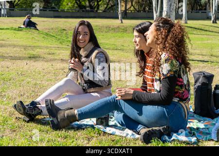 Drei junge Frauen genießen einen sonnigen Tag in einem Stadtpark, teilen Blumen und lachen, während sie auf einer Decke sitzen Stockfoto