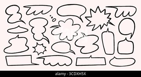 Buntstift-Sprechblasen und Comic-Textrahmen in Schwarz auf hellbeigem Hintergrund. Sprechblasen und Rahmen mit Kritzelkreideffekt. Perfekt für Stock Vektor