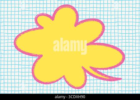 Gelbe Buntstift-Sprechblase mit rosa Umrandung auf blauem Gitterhintergrund. Handgezeichneter wolkenförmiger Rahmen für Text im verspielten Pop-Art-Stil. Toll für Stock Vektor