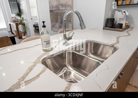 Edelstahlspüle mit einer Flasche Handseife daneben. Das Waschbecken ist in einer Küche mit Blick auf ein Wohnzimmer Stockfoto