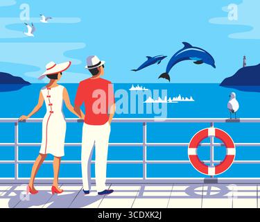 Paare im Urlaub auf dem Meer genießen Delfinsprünge. Mann, Frau auf Kreuzfahrtschiff, sehen verspielte Delphine Illustration. Malerischer Blick auf das blaue Meer Stock Vektor