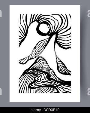 Eine Illustration mit abstrakten Bergen und einer wunderschönen Sonne im kreativen Stil Stockfoto