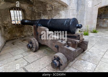 Festung aus der Tudor-Ära mit einer riesigen Kanone, bereit zur Verteidigung auf dem Steinboden. Stockfoto