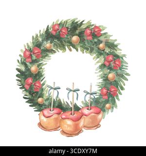 Tannenkranz mit Bogenknoten, Kugeln, Karamelläpfeln. Handgemalte Aquarellillustration des Winterdekors isoliert auf weißem Hintergrund für Weihnachtskarten Stockfoto