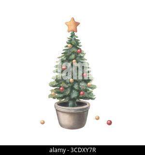 Weihnachtsbaum im Topf, dekoriert mit Kugeln, Stern. Handgemalte Aquarellabbildung einer kleinen Tanne isoliert auf weißem Hintergrund für Weihnachtskarten Stockfoto