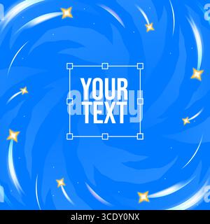Blauer Hintergrund und gelbe Sterne, die kreisförmige Bewegungen machen. Sterne mit leuchtendem Schwanz und Reflektionseffekt. Stock Vektor