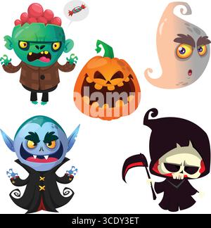 Zeichentrickset mit Halloween-Charakteren. Vektor-Illustration von Vampir Zombie Grim Reaper Hexenmonster und gost Stock Vektor