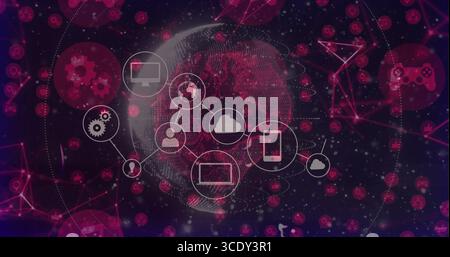 Anzeige des digitalen Globus auf der Netzwerkschnittstelle, Verknüpfung von Technologiesymbolen und verteilten Netzwerkknoten. Technologie, Konnektivität, Daten, Innovation, Ziffer Stockfoto