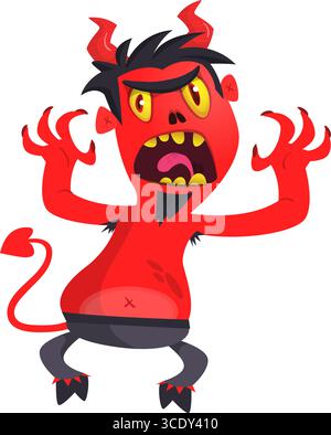 Lustige Figur des roten Teufels, die einen Gabeldreizahn mit langem Schwanz hält. Halloween Vektor Illustration isoliert Stock Vektor