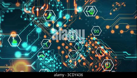 Anzeige des blinkenden Stromkreises auf dem Bildschirm mit türkisfarbenen Kurven, Hexadezimalsymbolen für Footprint, Leaf, CO₂ und Energie. Technologie, Innovation, Nachhaltigkeit, Energie, di Stockfoto