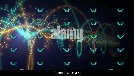 Weben von blaublauer Wellenform und goldenen gepunkteten Lichtbögen in digitaler Leere mit Neonlichtern und Partikeln. Futuristisch, abstrakt, lebendig, beweglich, digitale Kunst Stockfoto