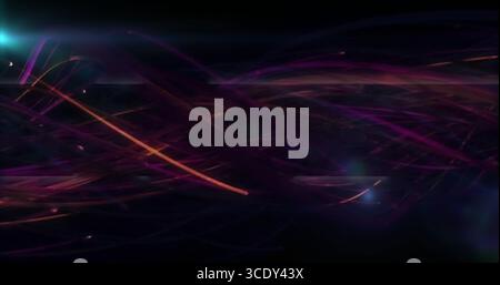 Wirbelnde leuchtende Bänder schlängeln sich über kosmische Leere und leuchtende Loipen in violettem Magenta-Orange. Abstrakt, digitale Kunst, Neon, lebendig, Bewegung, Leerraum, Stockfoto