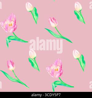 Aquarelltulpen nahtloses Muster, Frühlingsblumen sind handgezeichnet. Geeignet für Design und Druck. Stockfoto