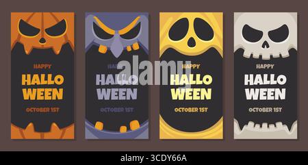 Set aus vier vertikalen Halloween-Bannern mit Zeichentrickfiguren wie Geist, Kürbis, Hexe und Schädel Stock Vektor