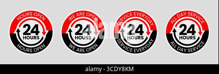 Embleme und Aufkleber für den 24-Stunden-Service. Stock Vektor