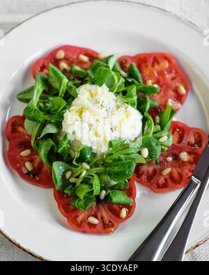 Genießen Sie einen erfrischenden Tomatensalat mit Gemüse und cremigem Weichkäse für einen köstlichen Geschmack Stockfoto