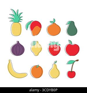 Einfache handgezeichnete Früchte und Beeren Symbole. Garten und tropische Früchte und Beeren. Vektorabbildung Stock Vektor