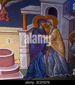Die Visitation der Jungfrau Maria mit der Heiligen Elisabeth nach der Verkündigung in Marienkirche Voula Griechenland Stockfoto