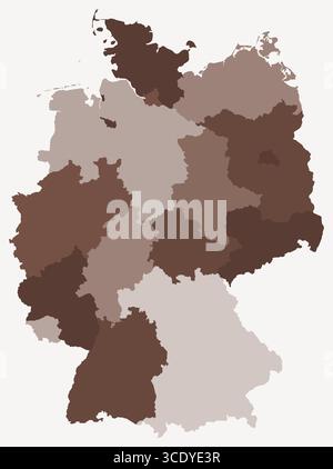 Karte von Deutschland mit Regionen. Nur eine einfache Ländergrenzkarte mit regionaler Aufteilung. Braune Farbpalette. Stock Vektor
