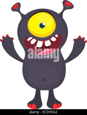 Niedliches Monster mit lustigem aufgeregtem Gesichtsausdruck, der die Hände winkt. Vektorillustration isoliert auf weiß. Halloween-Design Stock Vektor