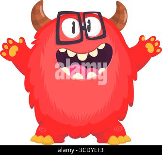 Cartoon niedliches Monster mit lustigem aufgeregtem Gesichtsausdruck, winkende Hände. Vektorillustration isoliert auf weiß. Halloween-Design. Stock Vektor