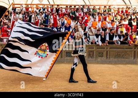 Ein junger Mann aus der Lupa Contrada zeigt seine Fahnenwinkelfähigkeiten auf der Piazza als Teil der historischen Prozession, der Palio, Siena, Italien. Stockfoto