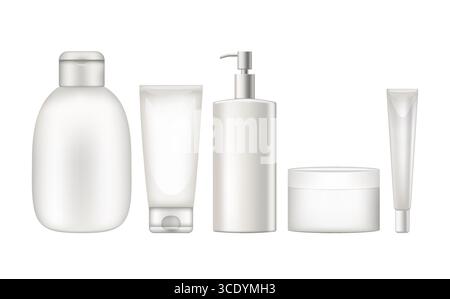 Set aus leeren, realistischen Kosmetikverpackungen mit weißen Flaschen für Kosmetikprodukte Stock Vektor