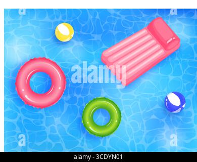Aufblasbare Matratze, Ringe und Strandbälle, die auf der Wasseroberfläche des Schwimmbades schwimmen Stock Vektor