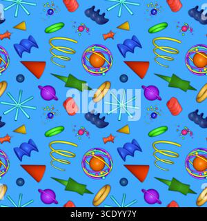 Farbenfrohes 3D-Partymuster mit Ballons, Konfetti und Streamern sorgt für ein nahtloses, kachelbares Design. Helles, verspieltes Rendering, perfekt für Kinder, die Stockfoto