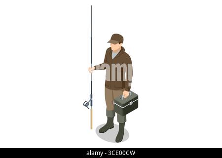 Isometrischer Fischer mit Angelrute und Angelbox, in Outdoor-Ausrüstung gekleidet, bereit zum Angeln. Sommer-Freizeitkonzept. Stock Vektor