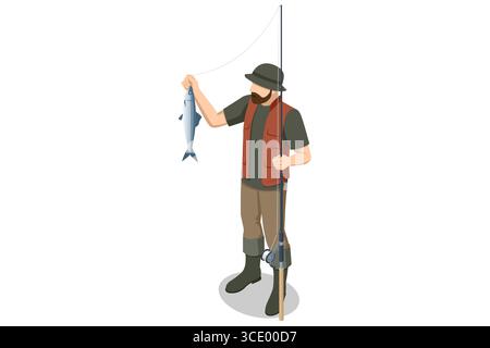 Isometrischer Fischer, der einen frisch gefangenen Fisch in der einen Hand und eine Angelrute in der anderen Hand hält, mit Weste und Hut. Sommer-Freizeitkonzept. Stock Vektor