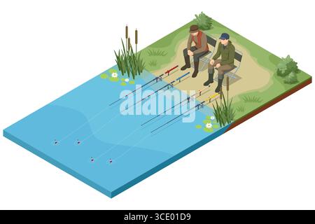 Isometrische Szene von zwei Fischern, die auf Stühlen am See sitzen, mehrere Angelruten im Wasser. Sommer-Freizeitkonzept. Stock Vektor
