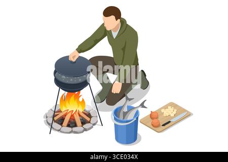 Isometrischer Mann, der Fischsuppe über einem Lagerfeuer kocht, mit einem Eimer Fisch und gehacktem Gemüse. Fischer kochen Fisch in einem Topf über einem Lagerfeuer, mit Stock Vektor